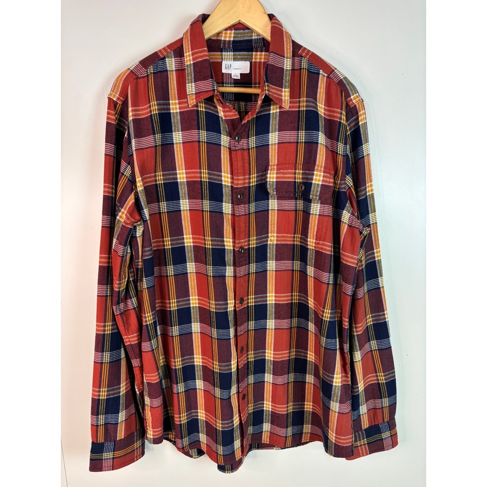 GAP Button Down Shirt Large Orange Blue Plaid Standard Fit Long Sleeve Mens